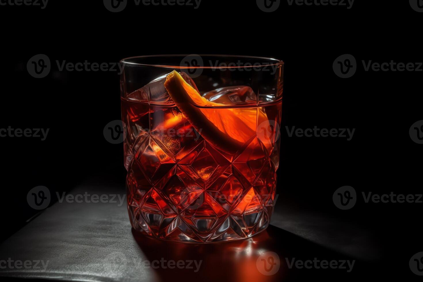 Glass of negroni cocktail on black background render. photo