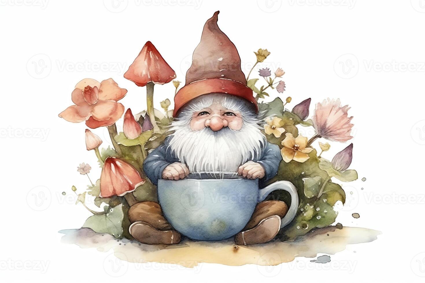 Garden gnome with coffee mug and flowers watercolor illustration coffee lovers. photo