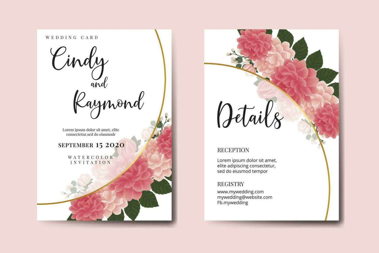 Wedding invitation frame set, floral watercolor Digital hand drawn Dahlia Flower design Invitation Card Template vector