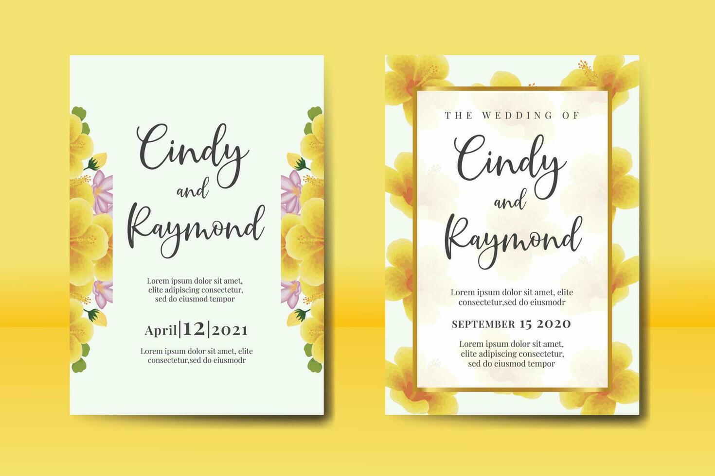 Wedding invitation frame set, floral watercolor Digital hand drawn Yellow Hibiscus Flower design Invitation Card Template vector