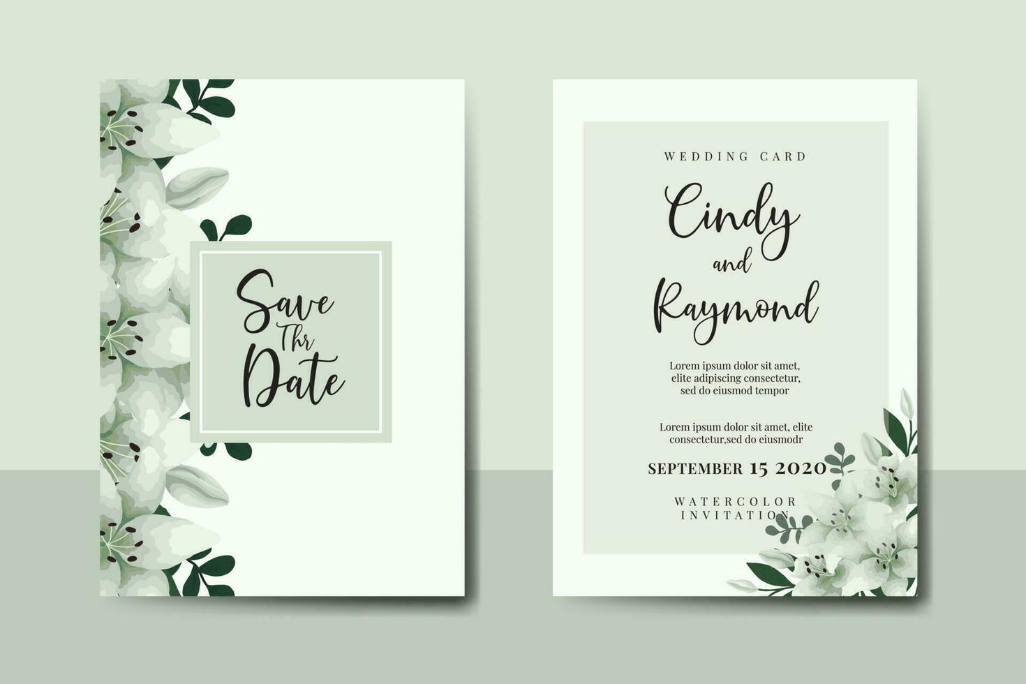 Wedding invitation frame set, floral watercolor Digital hand drawn White Lily Flower design Invitation Card Template vector