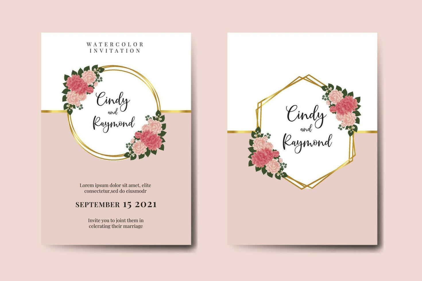 Wedding invitation frame set, floral watercolor Digital hand drawn Dahlia Flower design Invitation Card Template vector