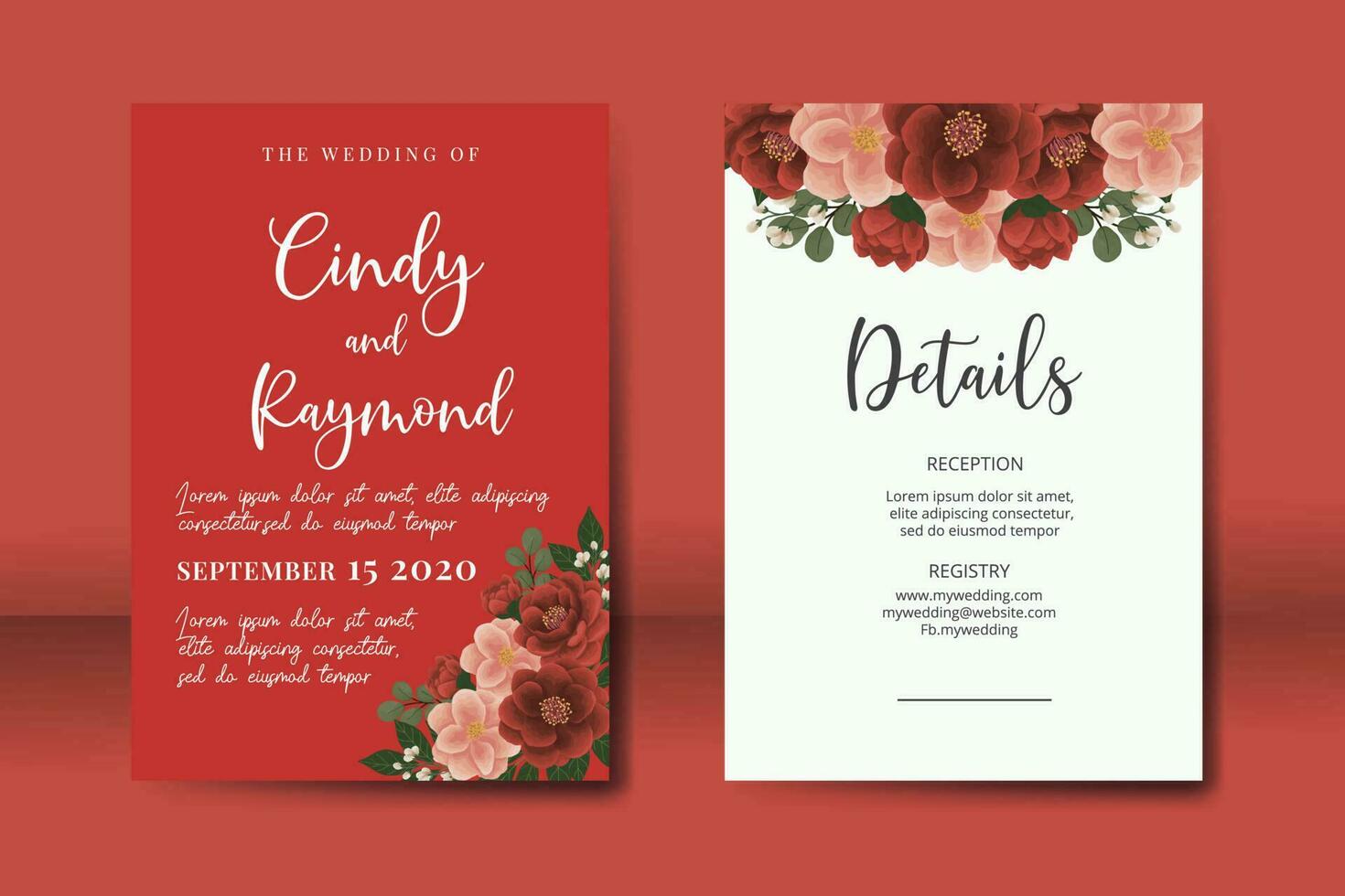 Wedding invitation frame set, floral watercolor Digital hand drawn red camellia Flower design Invitation Card Template vector