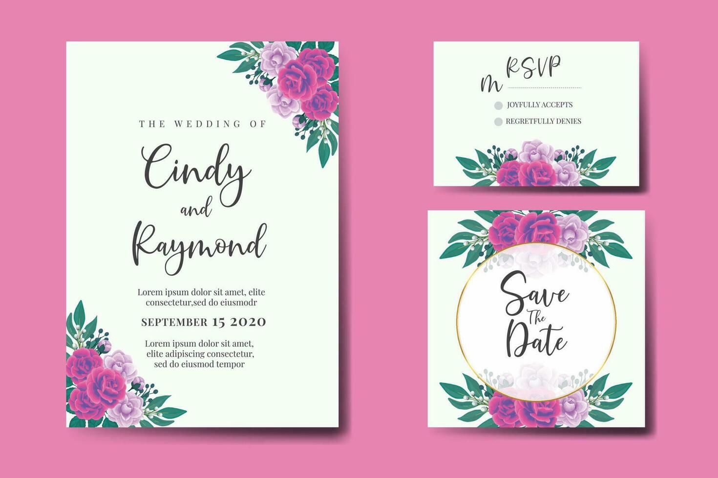 Wedding invitation frame set, floral watercolor Digital hand drawn Purple Anemone Flower design Invitation Card Template vector