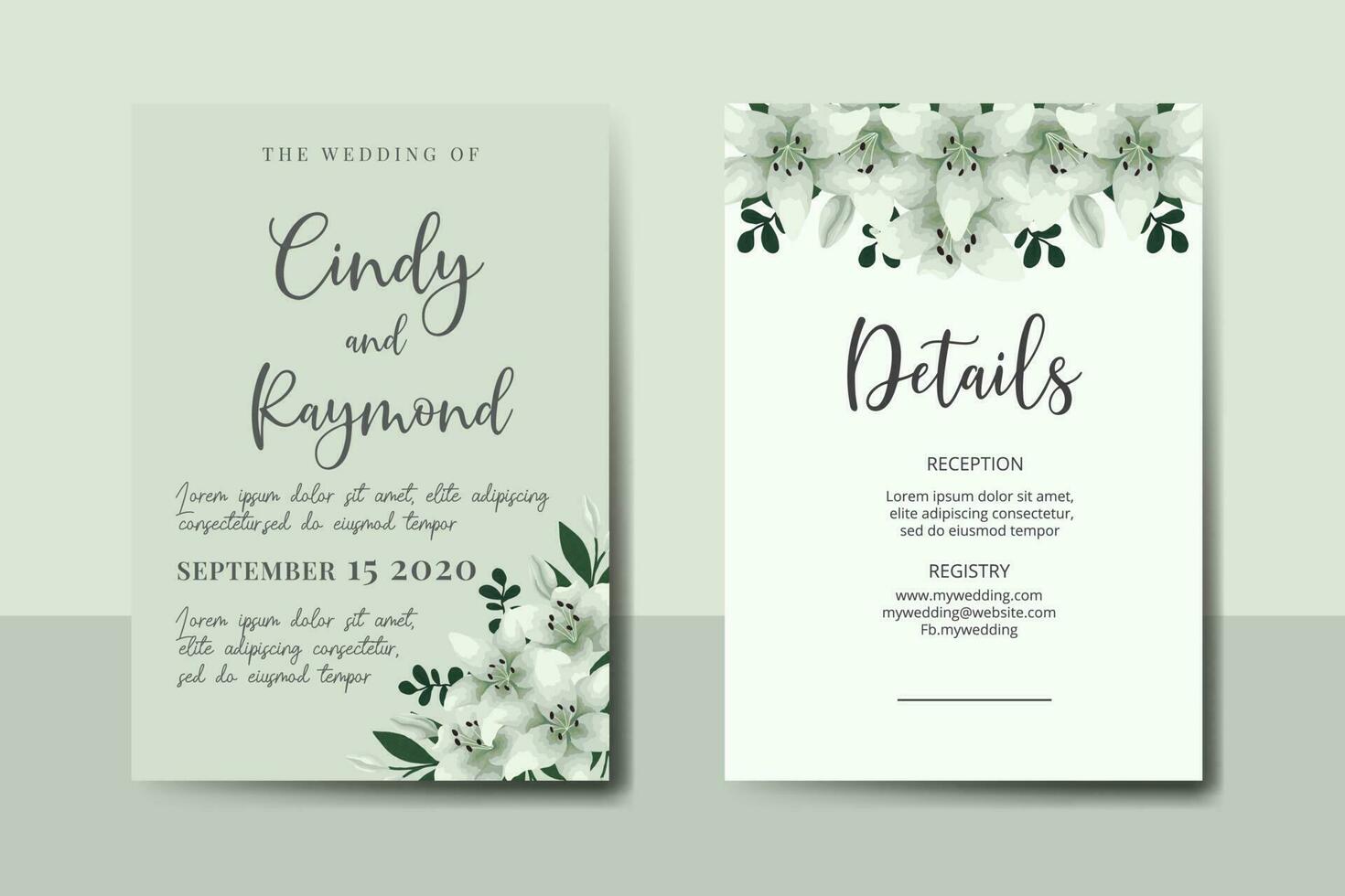 Wedding invitation frame set, floral watercolor Digital hand drawn White Lily Flower design Invitation Card Template vector