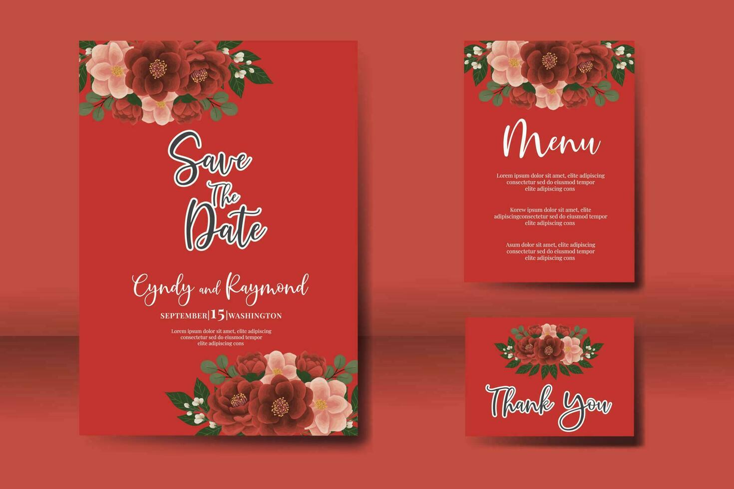 Wedding invitation frame set, floral watercolor Digital hand drawn red camellia Flower design Invitation Card Template vector