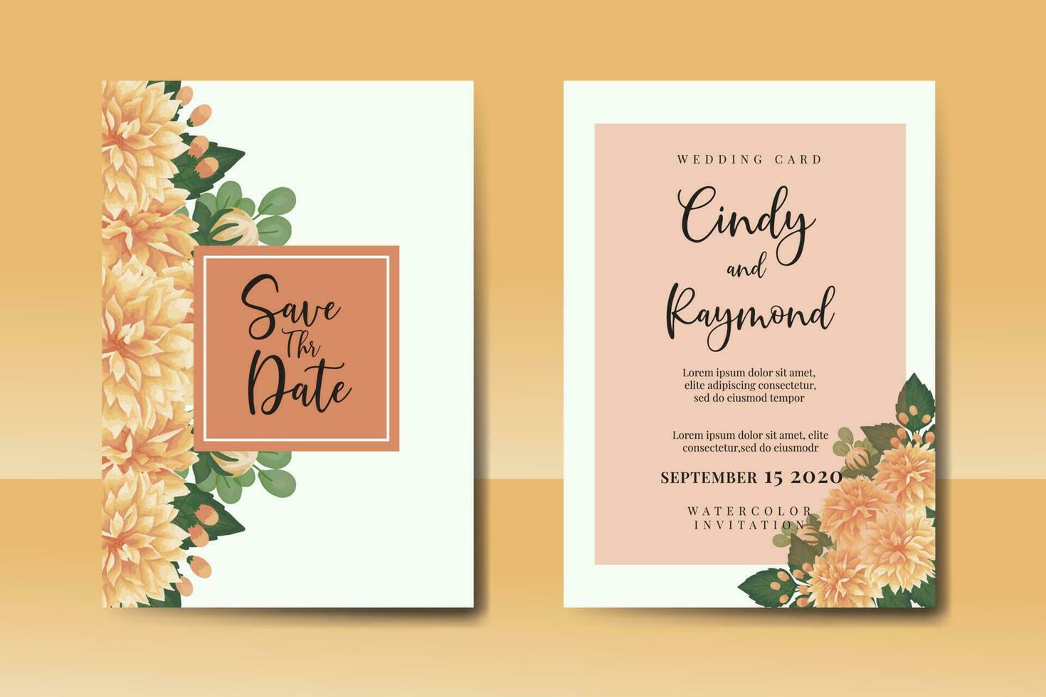 Boda invitación marco colocar, floral acuarela digital mano dibujado naranja dalia flor diseño invitación tarjeta modelo vector