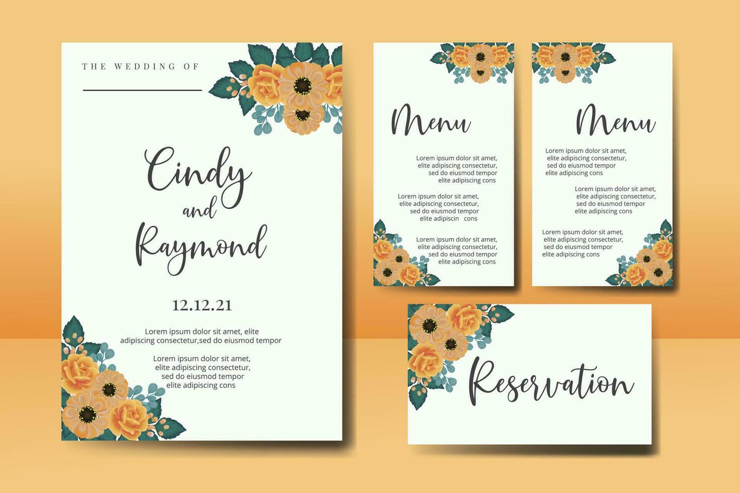 Wedding invitation frame set, floral watercolor Digital hand drawn Orange Rose and Anemone Flower design Invitation Card Template vector