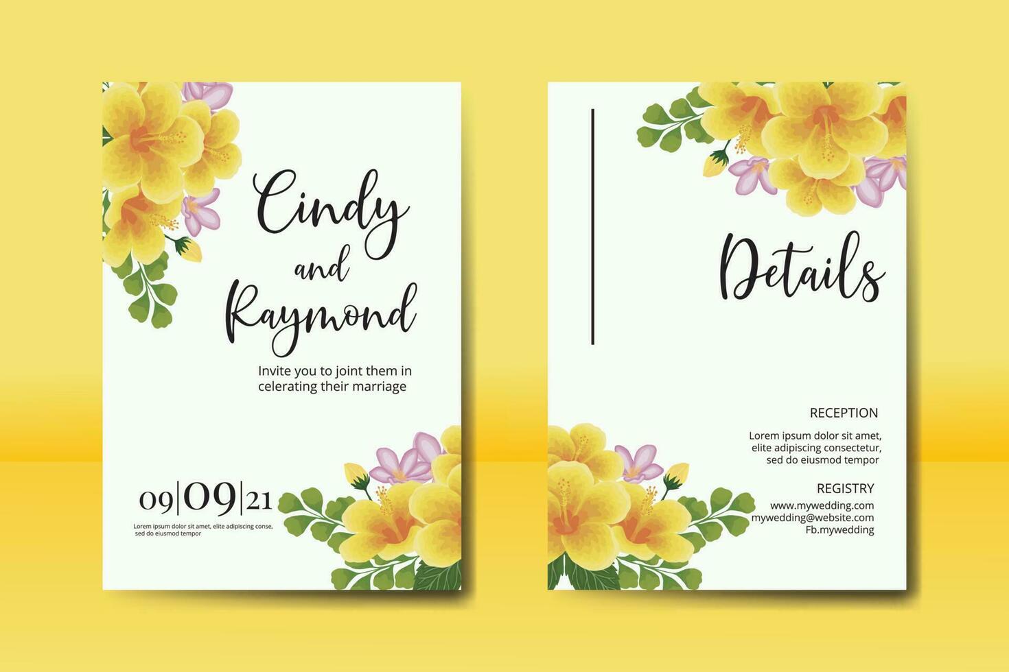 Wedding invitation frame set, floral watercolor Digital hand drawn Yellow Hibiscus Flower design Invitation Card Template vector