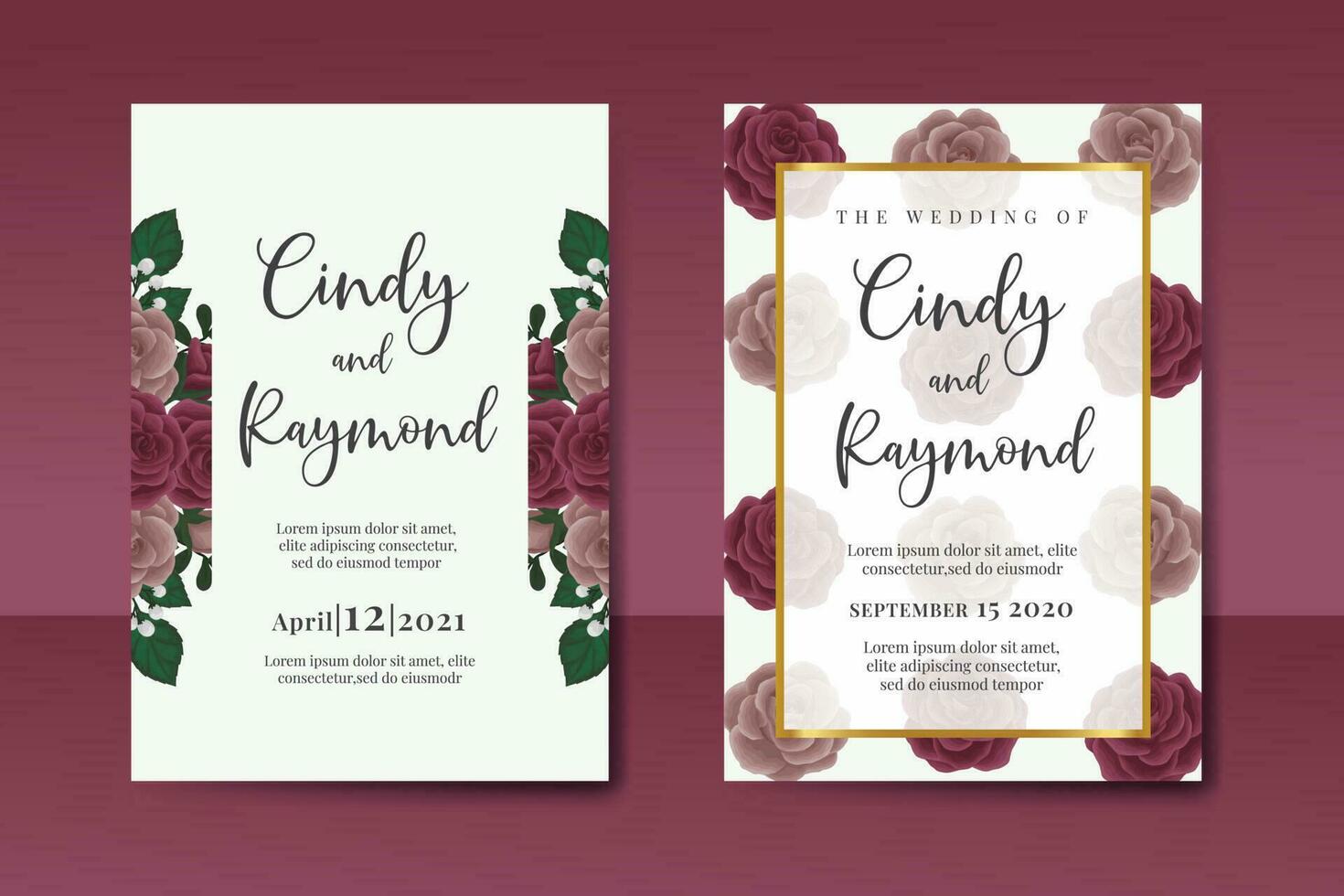 Wedding invitation frame set, floral watercolor Digital hand drawn Maroon Rose Flower design Invitation Card Template vector