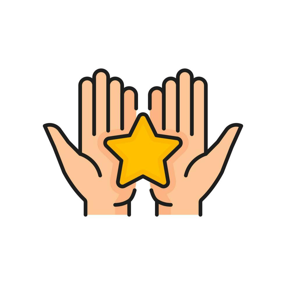 Gold star in hands icon, vector quality rating