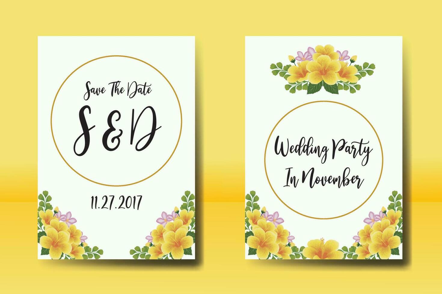 Wedding invitation frame set, floral watercolor Digital hand drawn Yellow Hibiscus Flower design Invitation Card Template vector