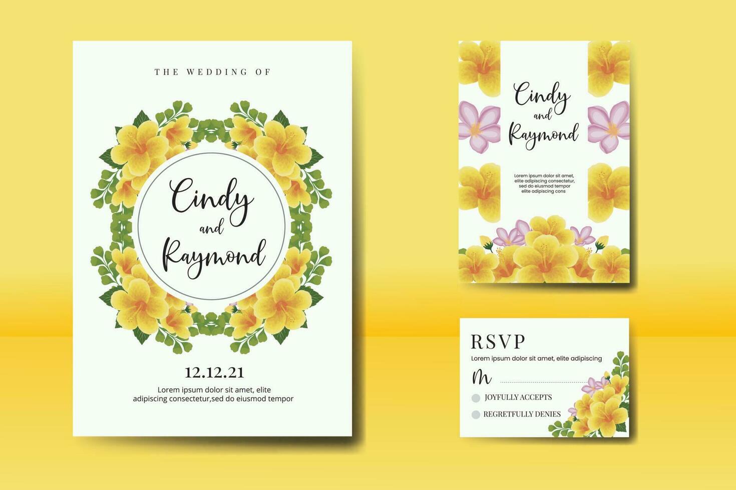 Boda invitación marco colocar, floral acuarela digital mano dibujado amarillo hibisco flor diseño invitación tarjeta modelo vector