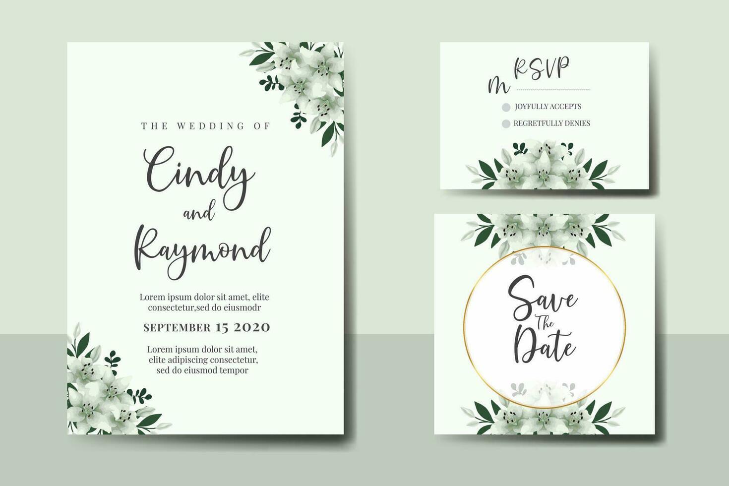 Wedding invitation frame set, floral watercolor Digital hand drawn White Lily Flower design Invitation Card Template vector