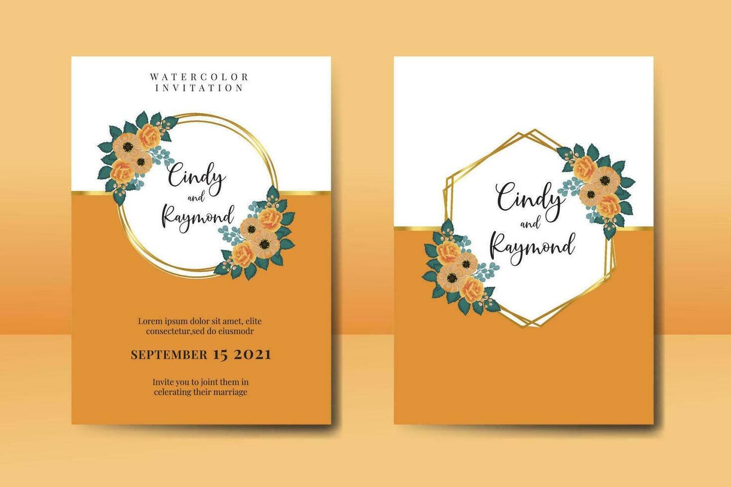 Wedding invitation frame set, floral watercolor Digital hand drawn Orange Rose and Anemone Flower design Invitation Card Template vector