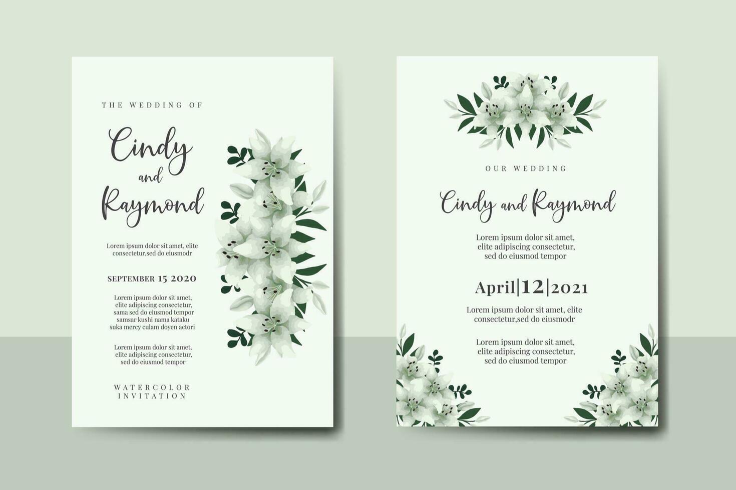 Wedding invitation frame set, floral watercolor Digital hand drawn White Lily Flower design Invitation Card Template vector