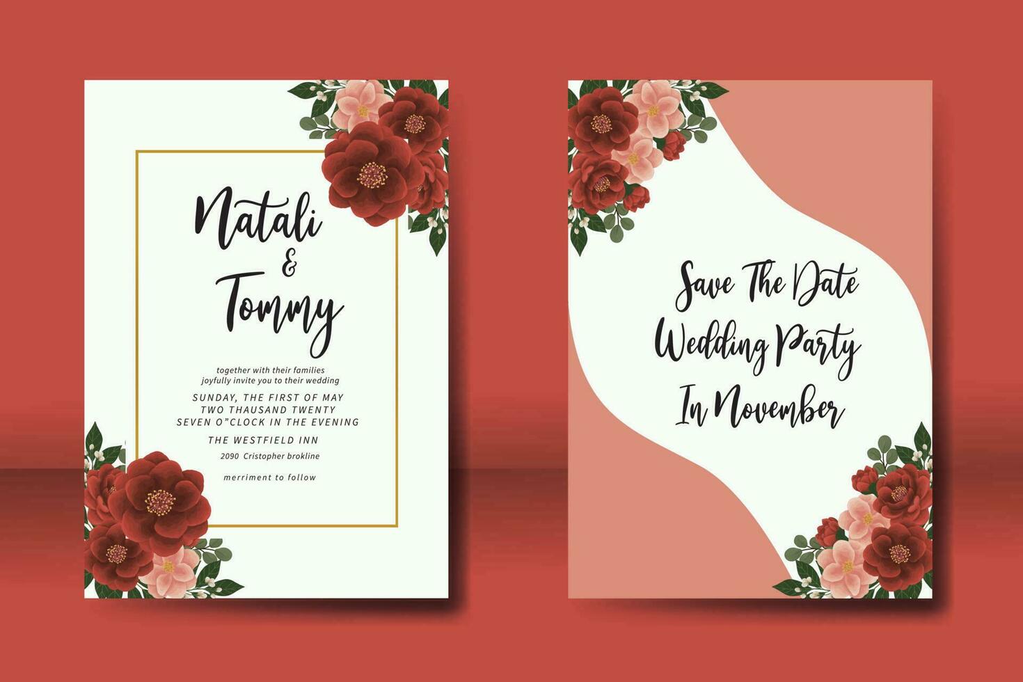 Wedding invitation frame set, floral watercolor Digital hand drawn red camellia Flower design Invitation Card Template vector