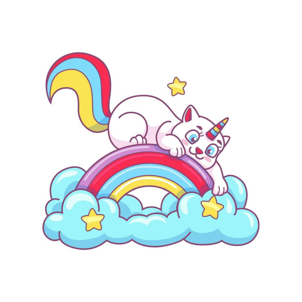 Cute cartoon caticorn character playing on rainbow vector