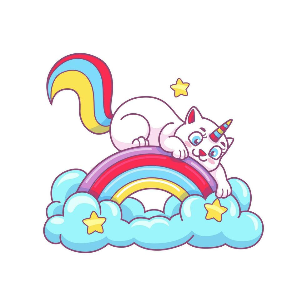 linda dibujos animados caticorn personaje jugando en arco iris vector