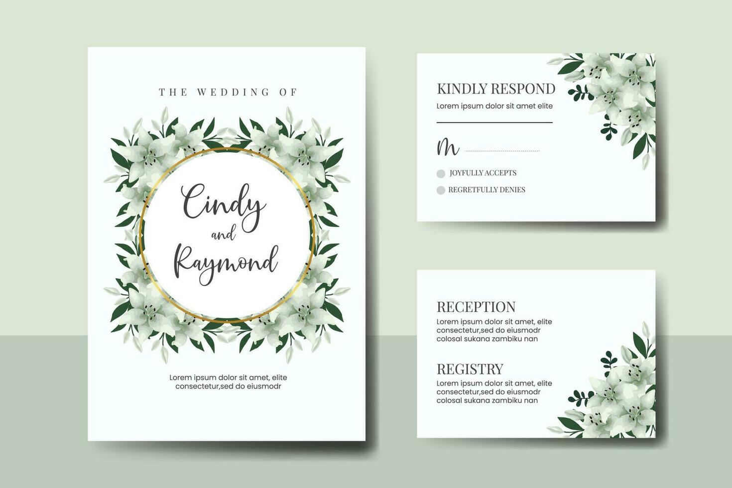 Wedding invitation frame set, floral watercolor Digital hand drawn White Lily Flower design Invitation Card Template vector