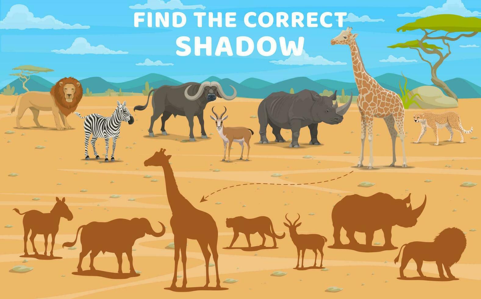 encontrar correcto sombra de dibujos animados africano animales vector