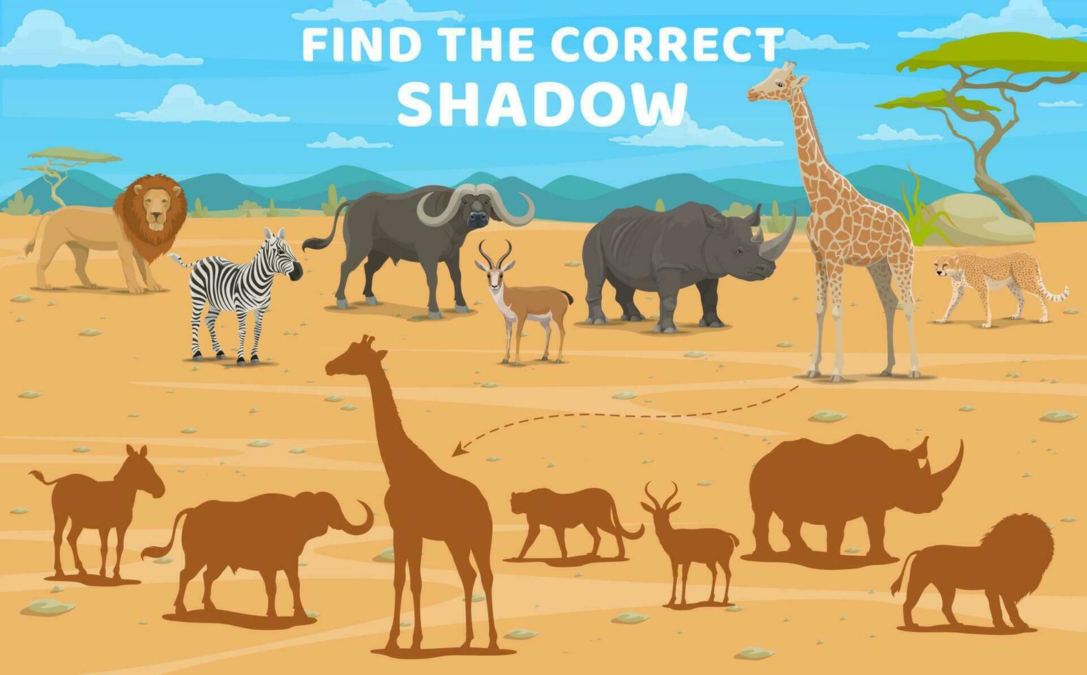 Find correct shadow of cartoon african animals vector