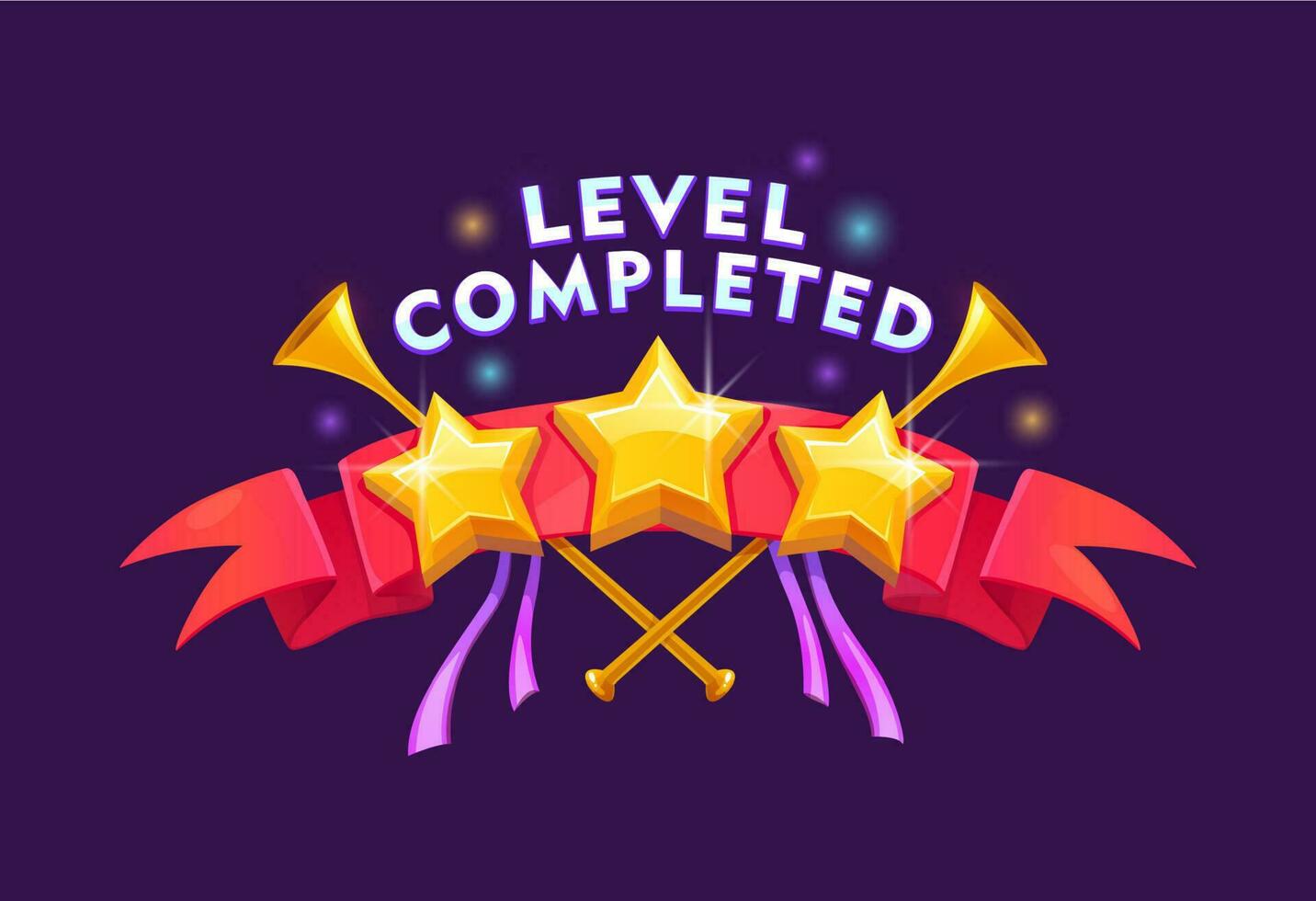 Game level complete badge, icon with golden stars vector