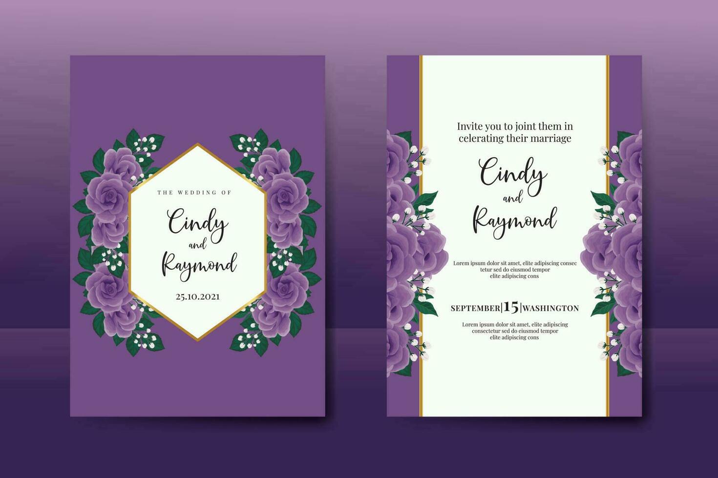 Wedding invitation frame set, floral watercolor Digital hand drawn Purple Rose Flower design Invitation Card Template vector