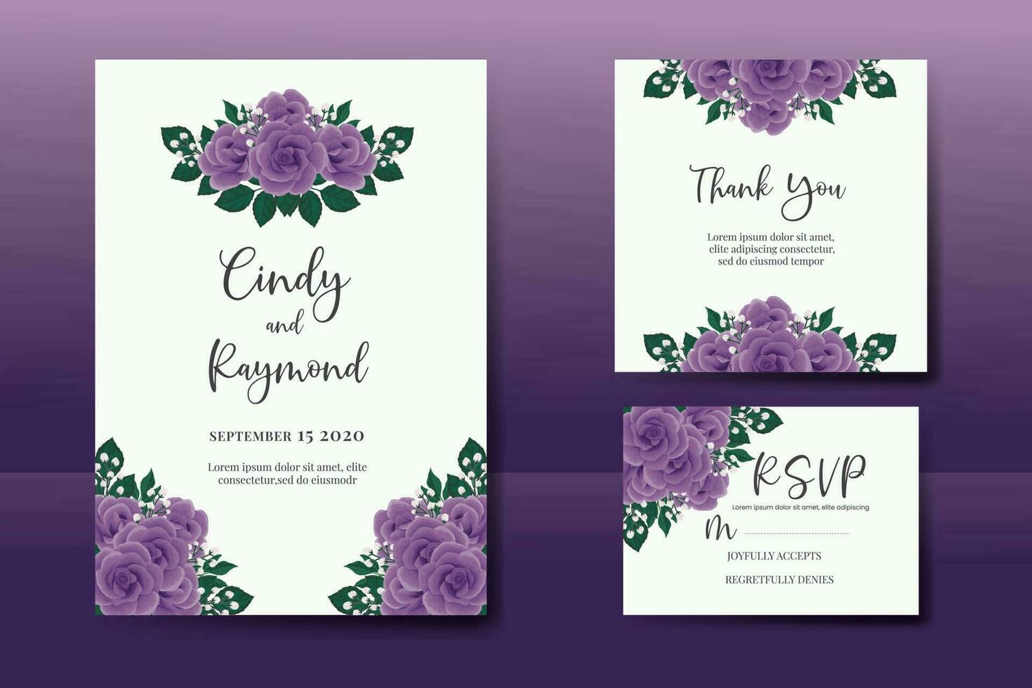 Wedding invitation frame set, floral watercolor Digital hand drawn Purple Rose Flower design Invitation Card Template vector