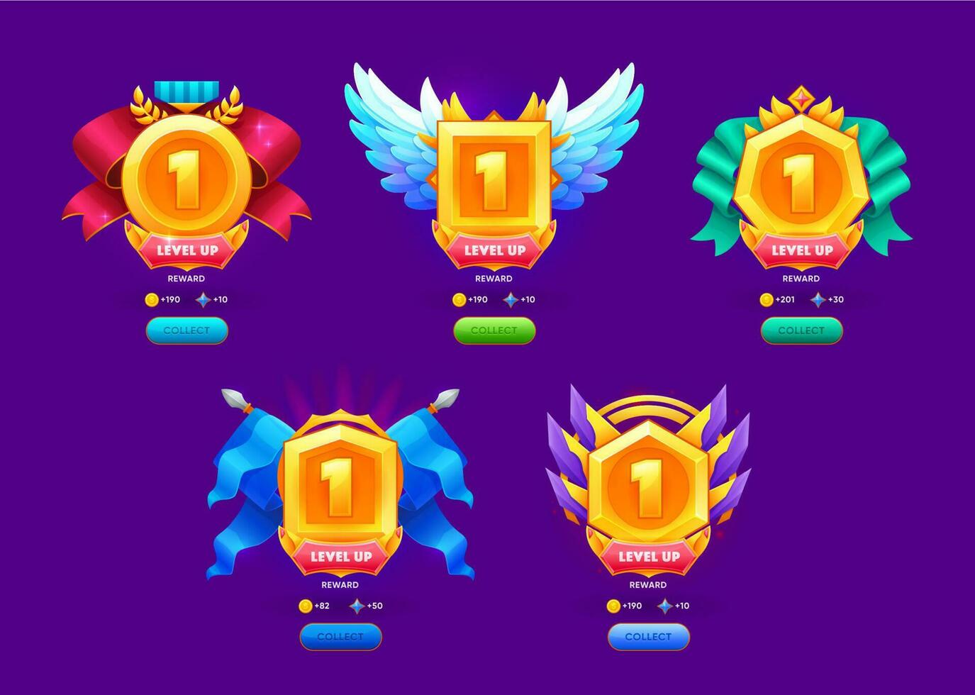 Level up award or reward badges and game assets vector