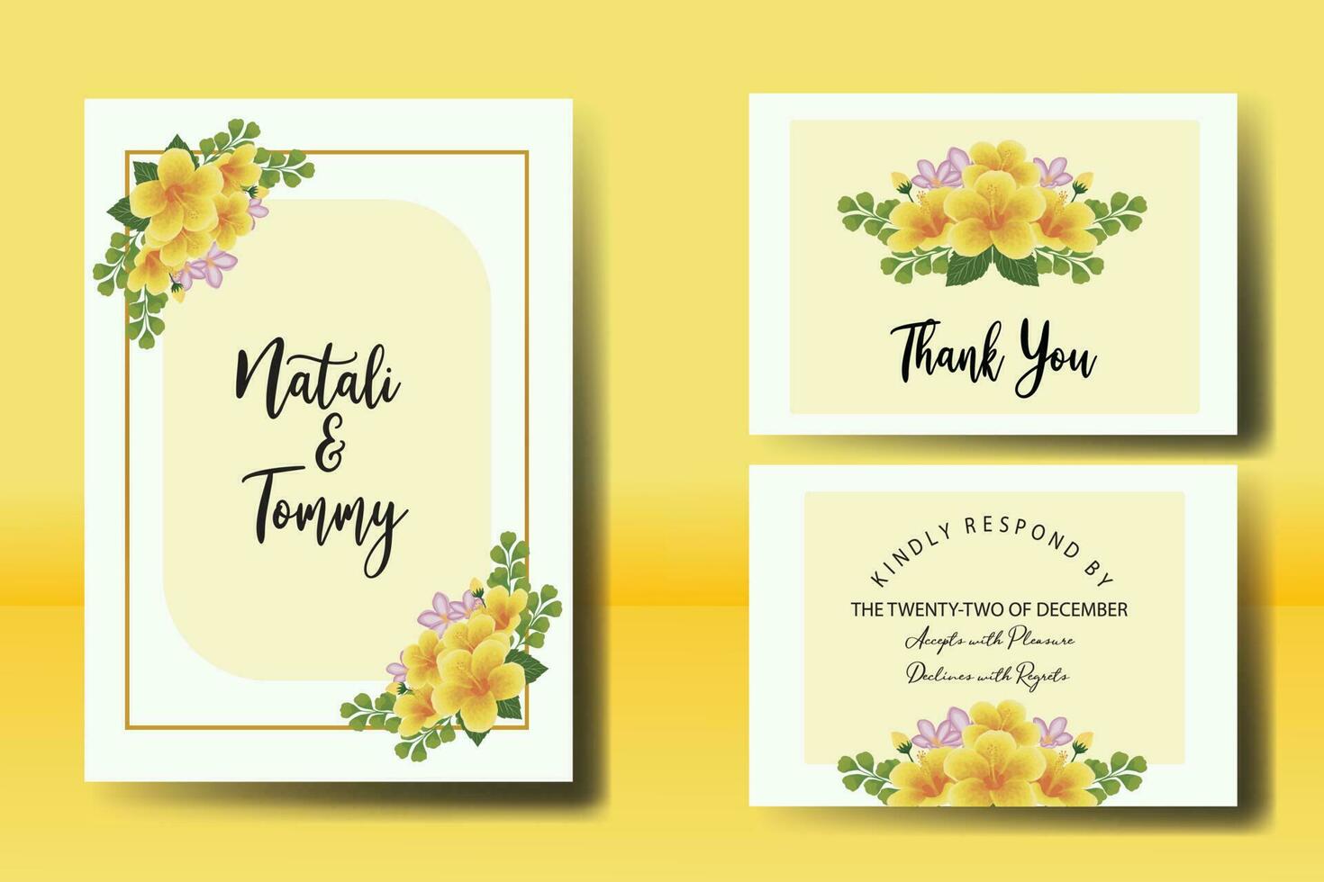 Boda invitación marco colocar, floral acuarela digital mano dibujado amarillo hibisco flor diseño invitación tarjeta modelo vector