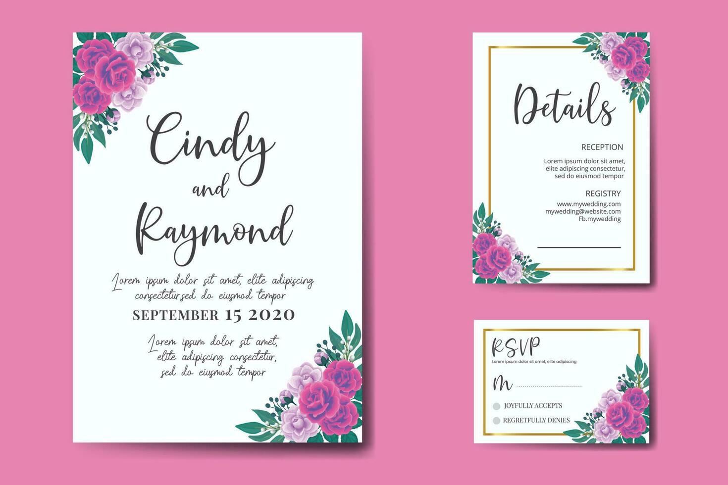 Wedding invitation frame set, floral watercolor Digital hand drawn Purple Anemone Flower design Invitation Card Template vector