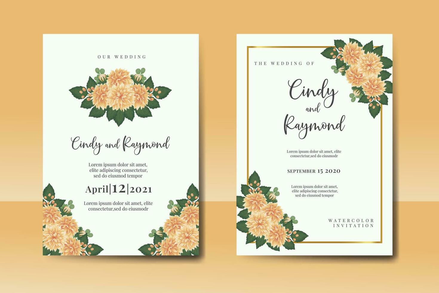 Wedding invitation frame set, floral watercolor Digital hand drawn Orange Dahlia Flower design Invitation Card Template vector