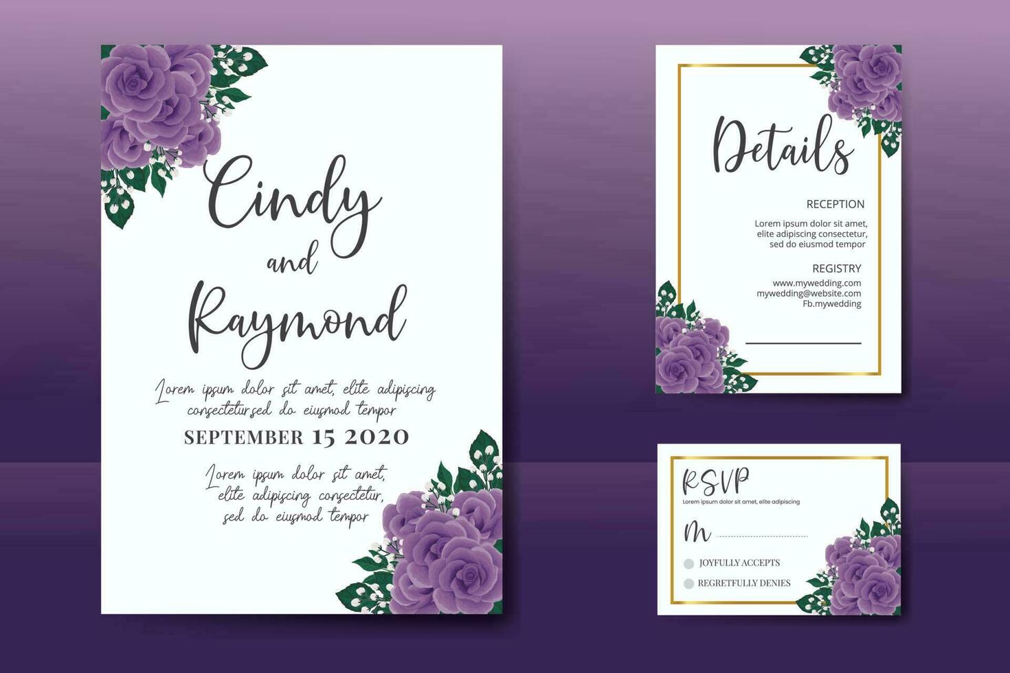 Wedding invitation frame set, floral watercolor Digital hand drawn Purple Rose Flower design Invitation Card Template vector