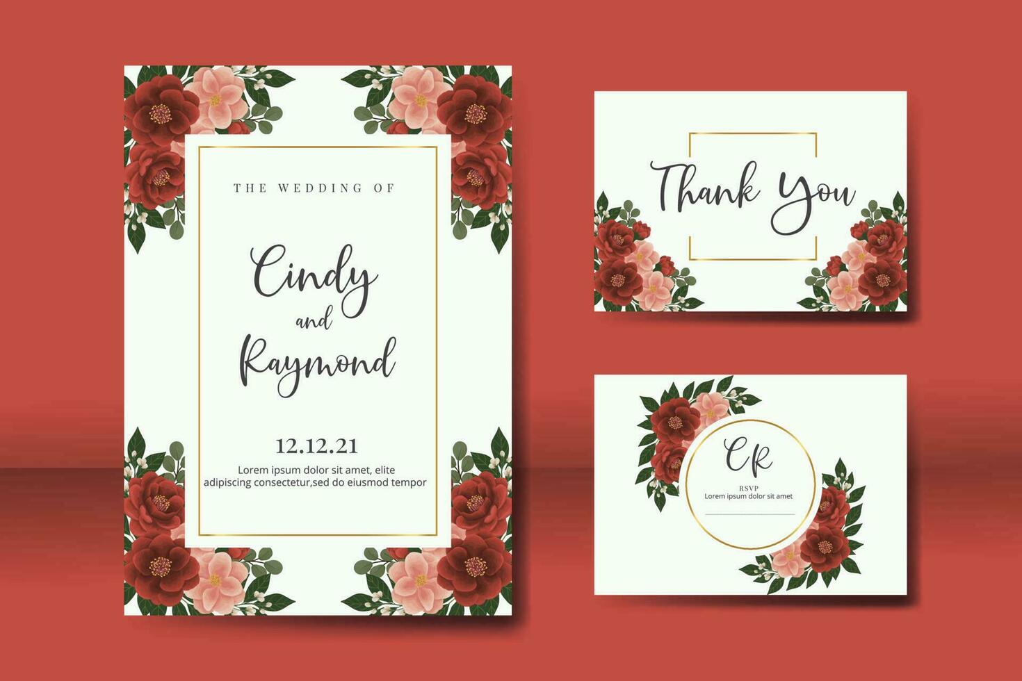 Wedding invitation frame set, floral watercolor Digital hand drawn red camellia Flower design Invitation Card Template vector