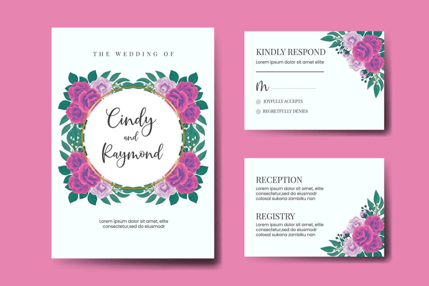 Wedding invitation frame set, floral watercolor Digital hand drawn Purple Anemone Flower design Invitation Card Template vector