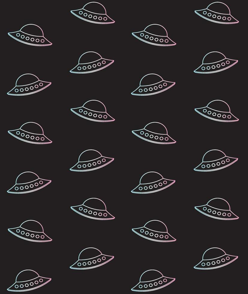 Vector seamless pattern of outline ufo on black