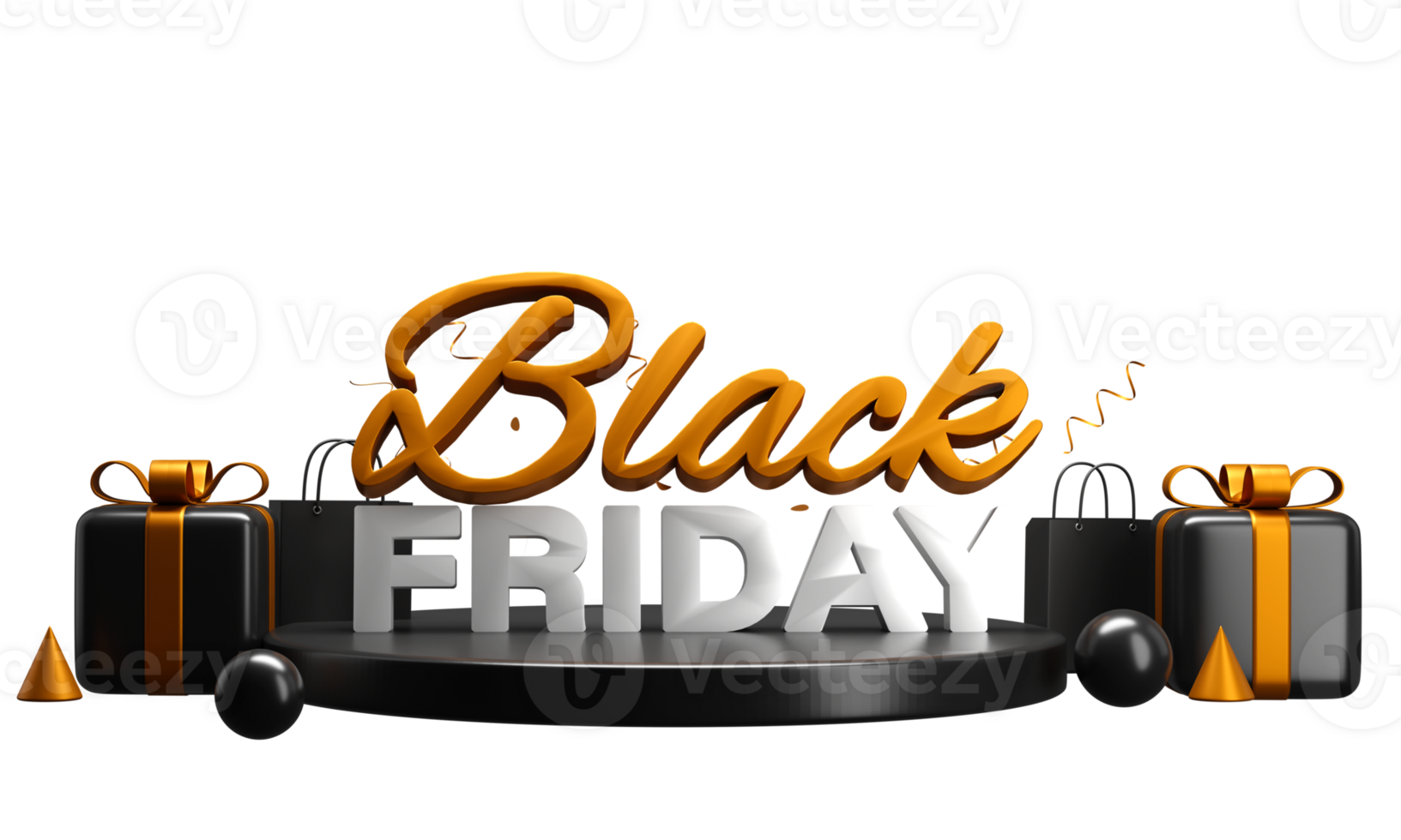 3D Render Of Black Friday Font Over Podium With Glossy Gift Boxes, Shopping Bags, Balls, Cone Shape Decorated Background. Advertising Banner Design. png