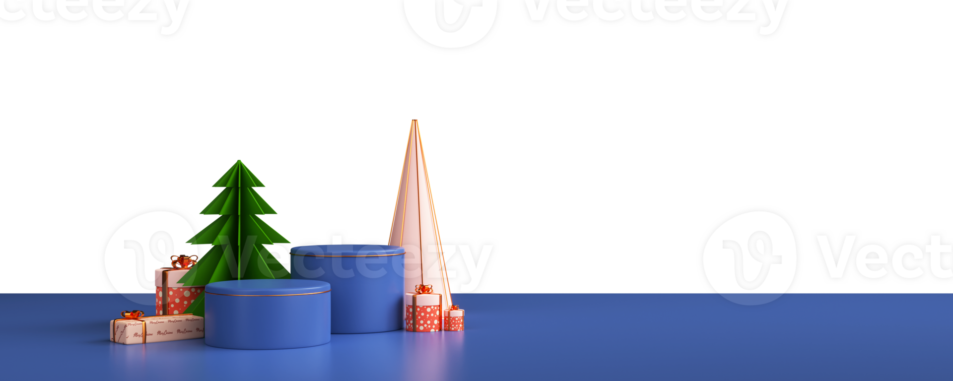 3D Render Of Green Paper Cut Xmas Tree With Gift Boxes, Cone And Empty Podiums. png