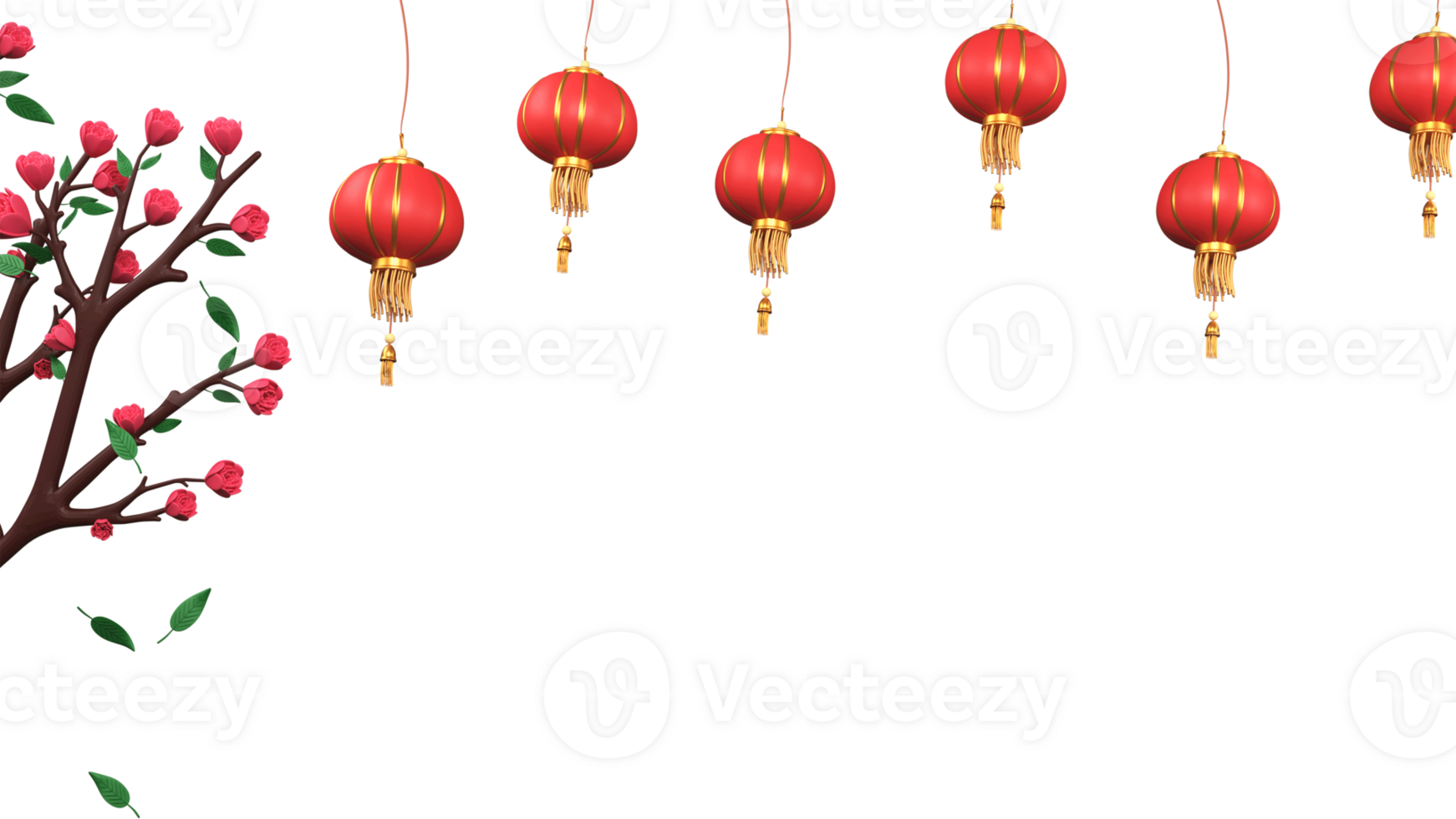 3D Render of Hanging Chinese Lanterns With Flower Branch And Copy Space. png