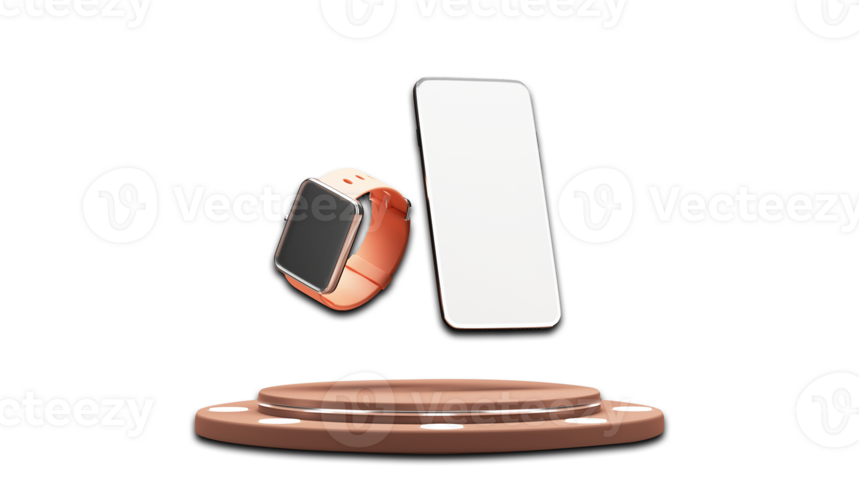 3D Render of  Smart Phone, and Smart Watch over podium. Blank Screens for your Product Advertisement or App Presentation. png