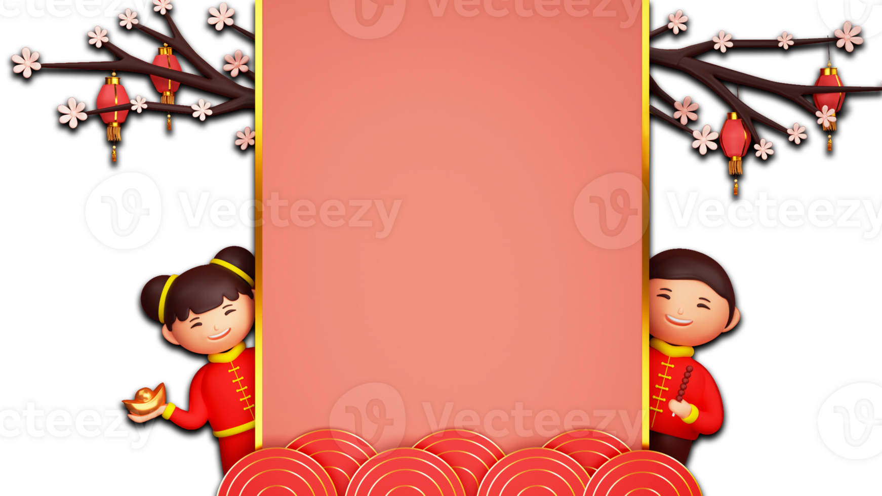 3D Chinese Kids Holding Ingot With Tanghulu Stick, Traditional Lanterns, Flower Branches And Copy Space. png