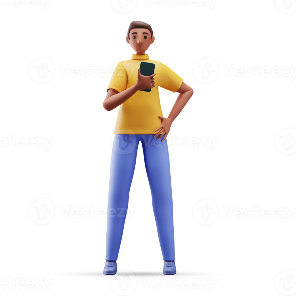 3D Render of Cartoon Young Man Holding Smartphone In Standing Pose. png