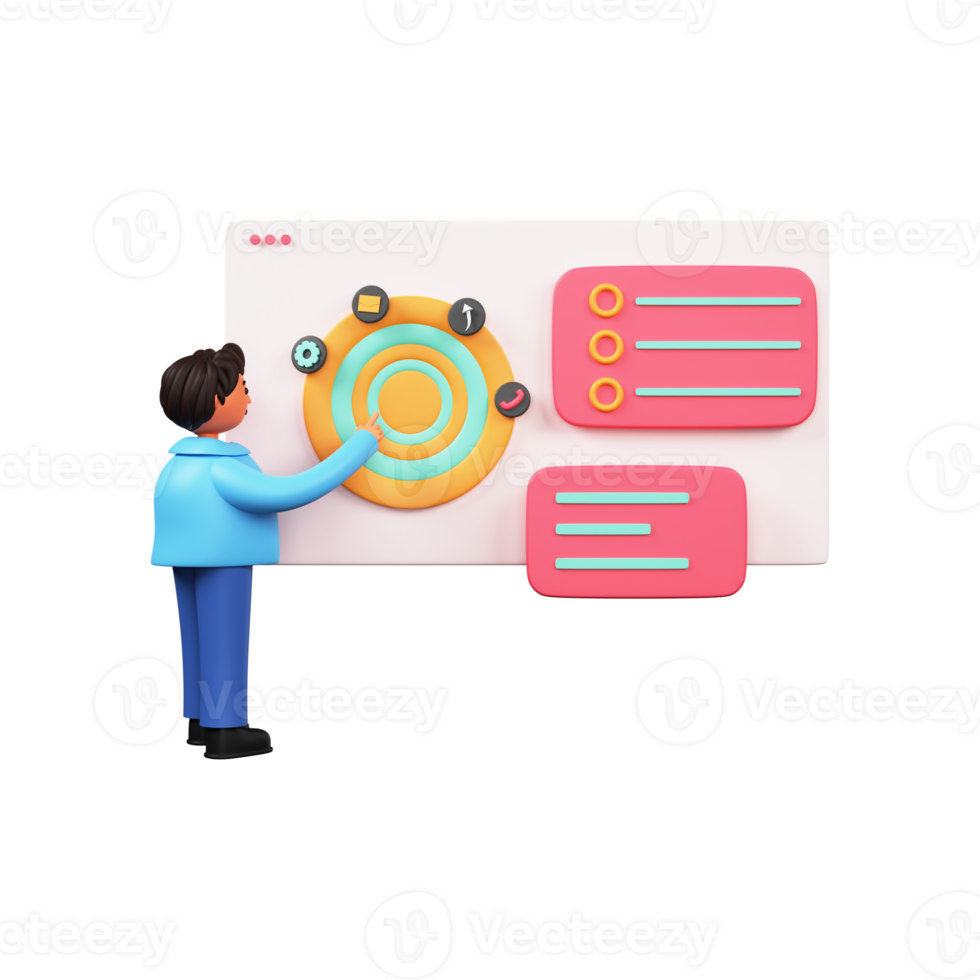 3D Render of Businessman Presenting Diagram With UI Icons On Website Illustration. png