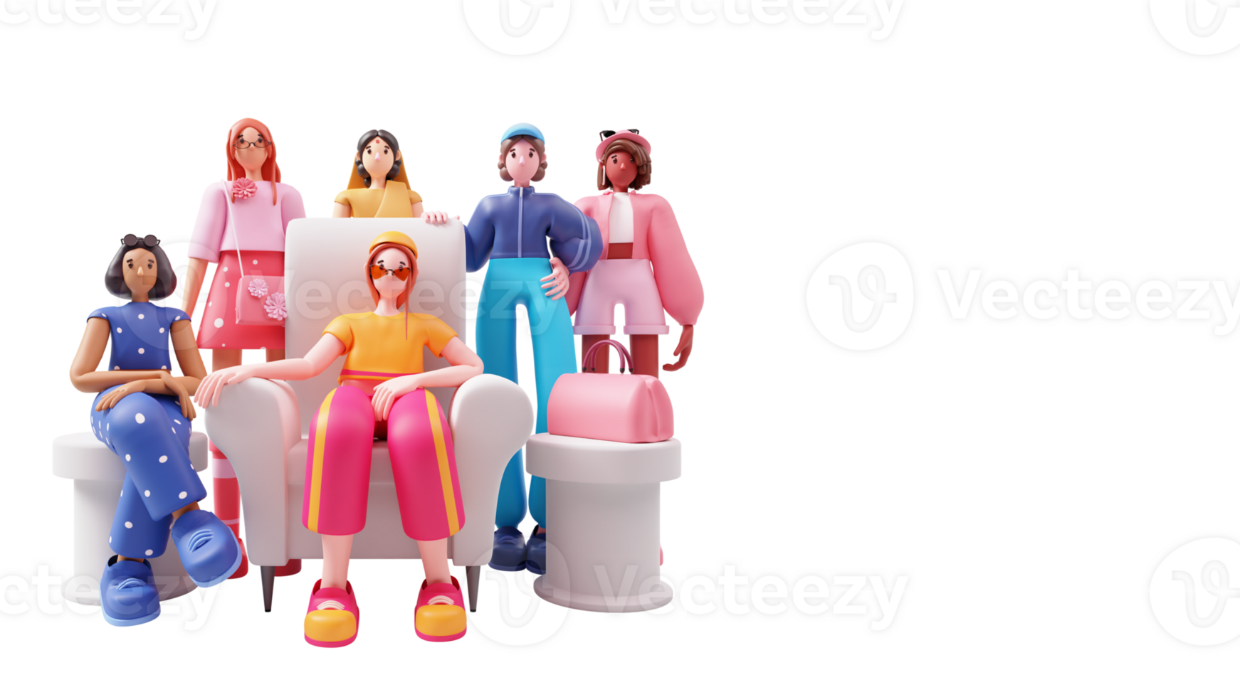3D Cartoon Young Ladies Group Illustration And Copy Space. png