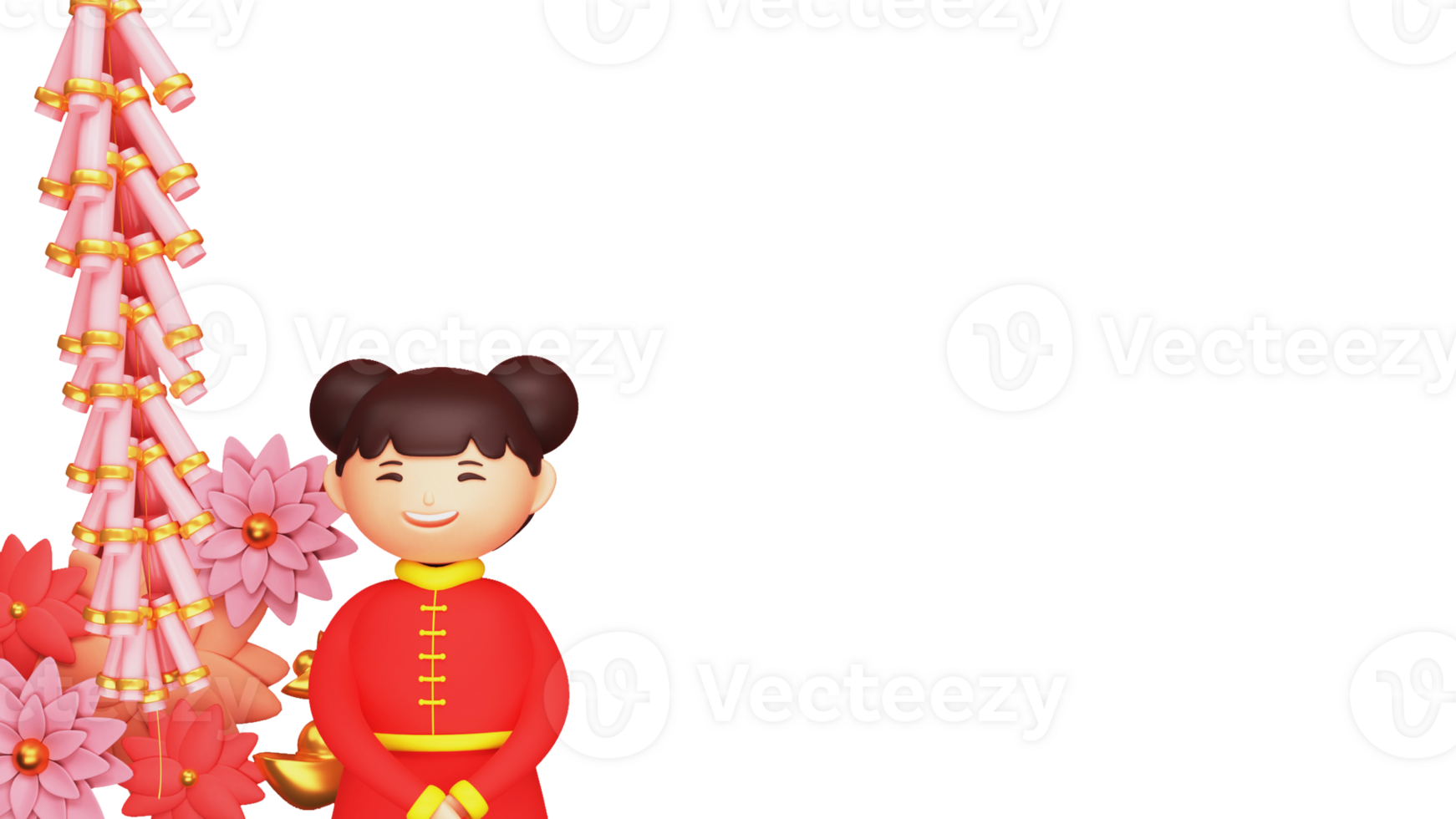 3D Render Of Chinese Young Girl Character With Flowers, Firecracker, Ingot And Copy Space. png