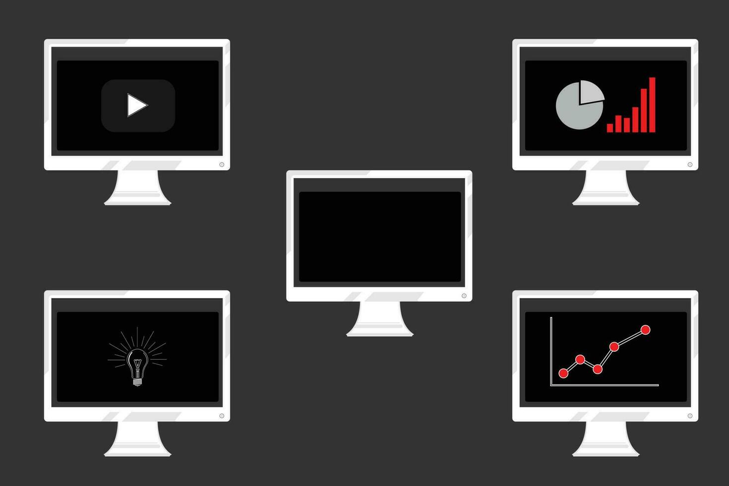 A set of computer screens with a white frame showing an ascending curve graph vector