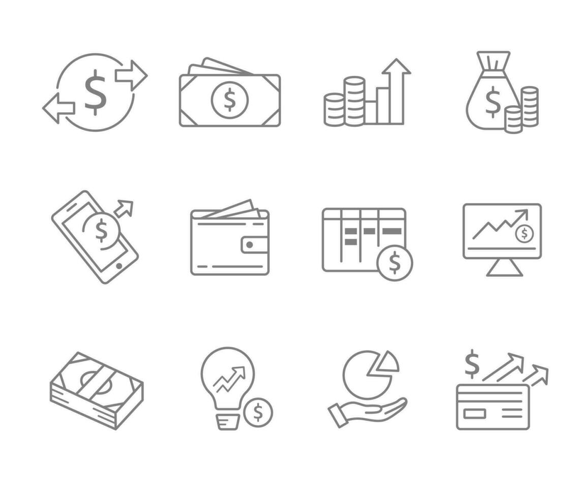 Infographic icon set for business. 12 Finance web icon collection. Thin outline icons pack bundle, vector icon infographic.