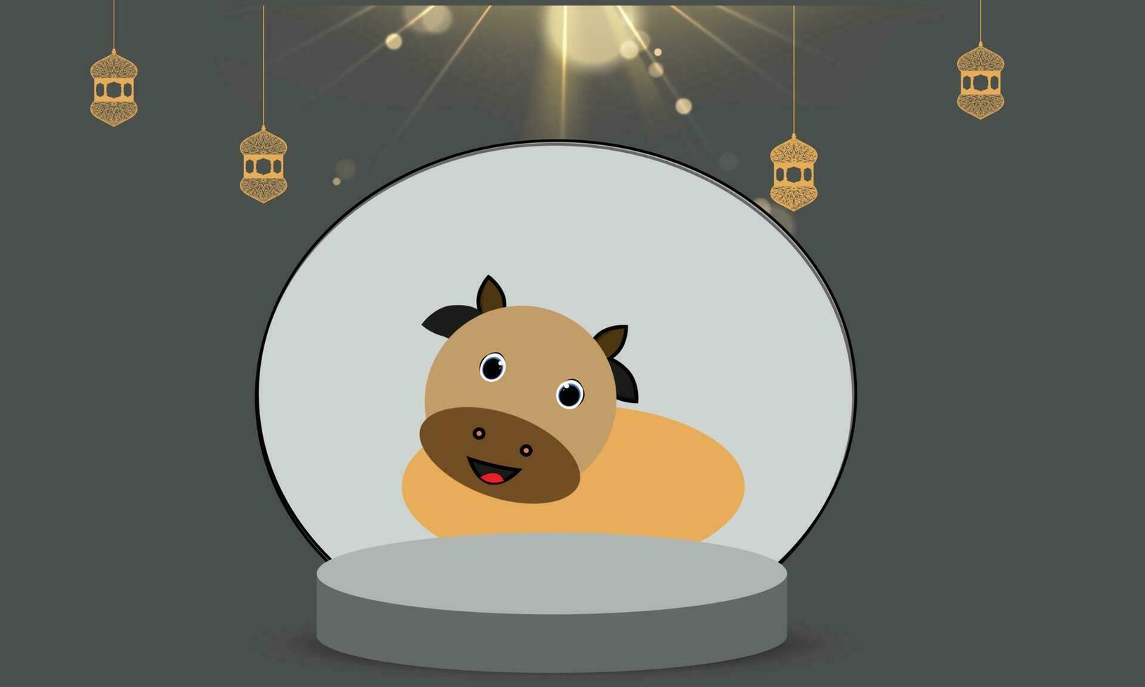 Eid Mubarak with Cute Cow Character on Podium Stage and Lens Flare vector