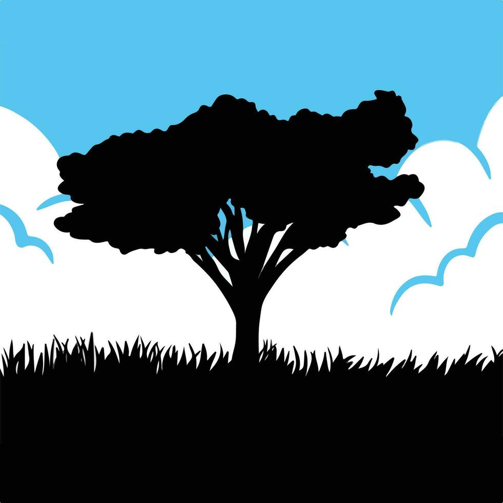 Tree vector icon silhouette isolated on blue sky and grass background. One giant tree on the centre. No person or people simple flat drawing. Simple flat art styled illustration on square template.